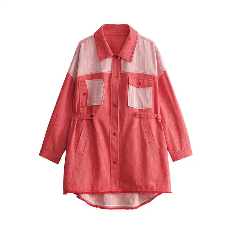 

2021 spring and Autumn New Women's red loose medium length splicing denim fashion windbreaker