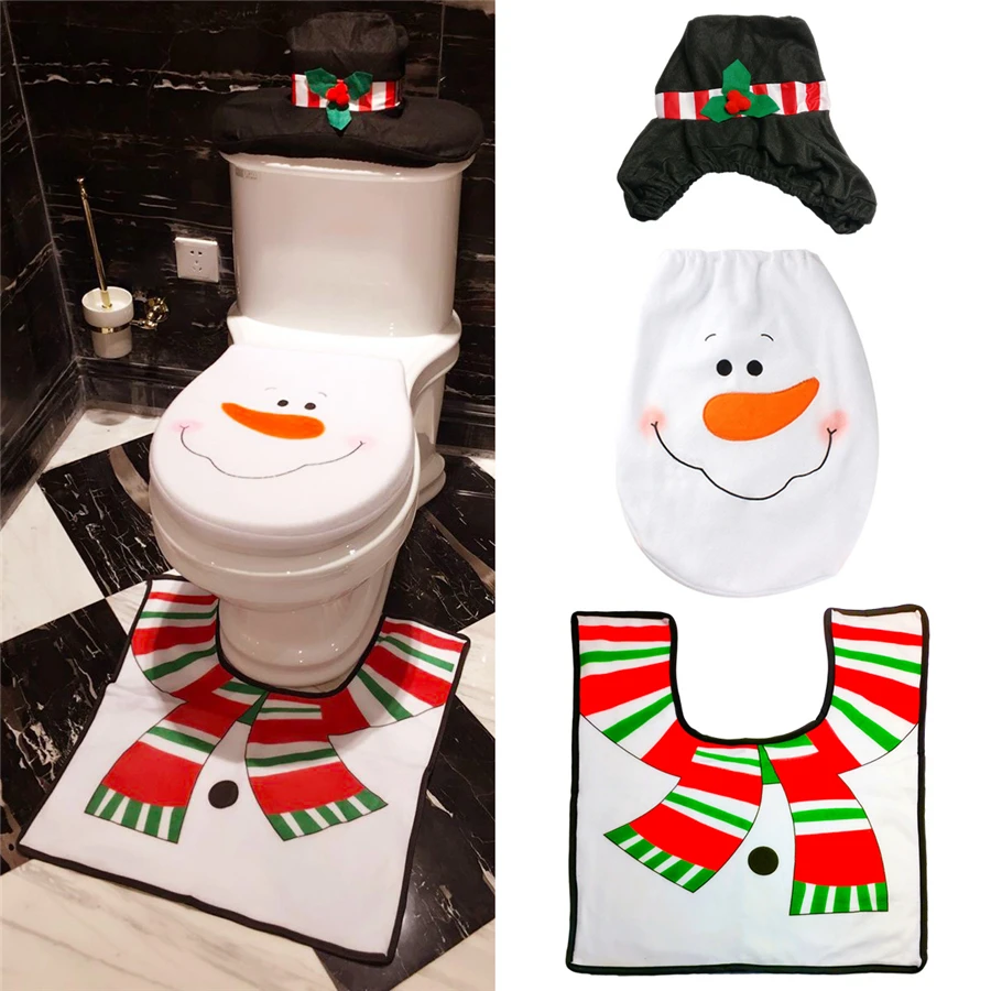 

4 Sets Christmas Toilet Seat Cover And Rug Set Decorations Snowman Santa Bath Mat Xmas Decorations Bathroom Home Living Decor