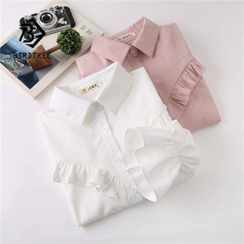 

2020 Spring New Women Solid Cotton Flare Sleeve White Shirt Turn-down Collar Blouse Pleated Autumn Casual Tops Feminina Blusa T0