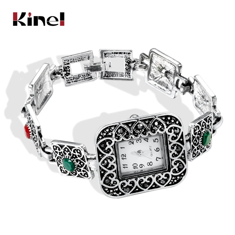 

Kinel Fashion Antique Tibetan Silver Quartz Wristwatch Women's Bracelet Watches Luxury Lady Dress Watches Crystal Jewelry Gifts