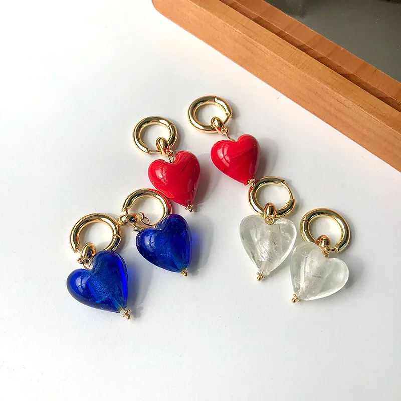 

ALLNEWME Romantic Glass Heart Huggie Dangle Earrings Brass Circle Big Hanging Earrings Unusual Trendy Jewelry for Women Gifts
