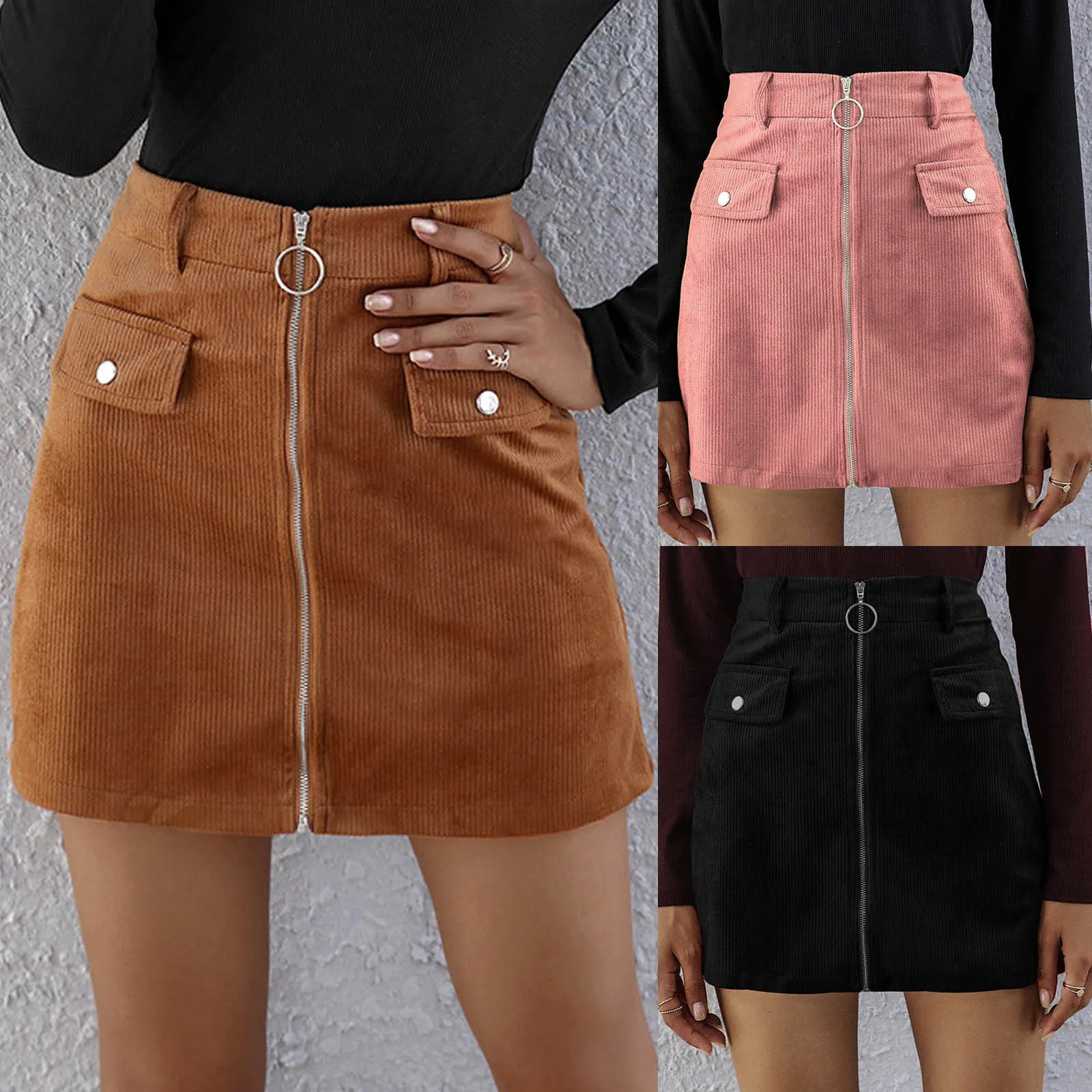 

High Waist Solid Color Zipper Corduroy Casual Short Skirt Skirt Women Corduroy Zipper High Waist Skirt Short Mini Skirt 2021