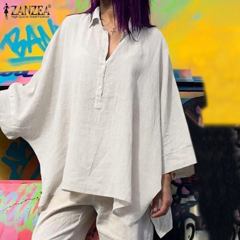 

Женские праздничные топы ZANZEA, блузка большого размера с рукавом летучая мышь 3/4, Женская Повседневная хлопковая Однотонная рубашка с лацкан...