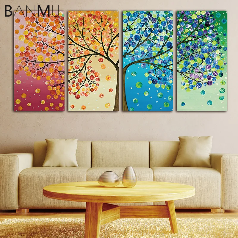 

BANMU Nordic Colorful Spring Summer Autumn Winter Wall Art Canvas Poster Life Tree Four Season Poster Leaf Tree Home Decor