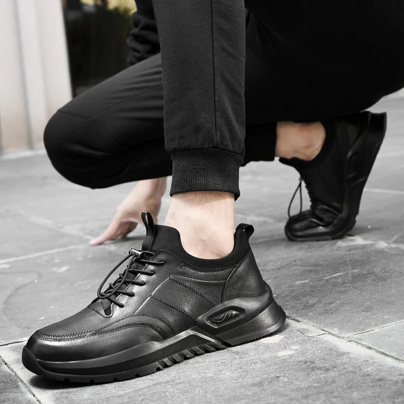 Jual Sepatu Kasual Pria Musim Semi Musim Gugur Sneakers Mewah Kulit Asli Sepatu Bot Pergelangan Kaki Berjalan Santai Berenda Pria Sneakers Modis Hitam