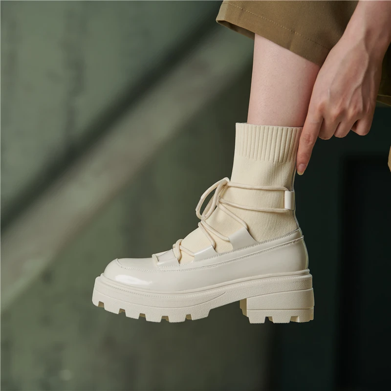 

Insicre 2021 Fashion Women Ankle Boots Kniting Round Toe Thick Low Heels Platform Patent Leather Winter Shoes Beige Elastic