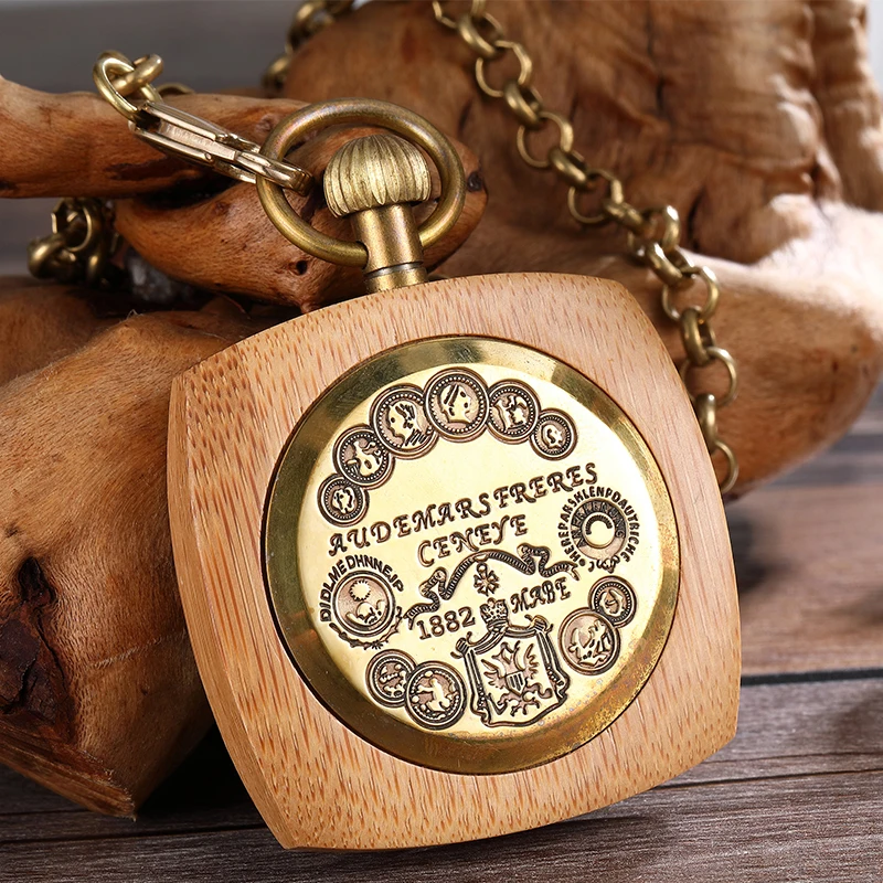 Wooden Mechanical Pocket Watch for Men Antique Golden Square Case Gold Back Laser Engraved Fob Chain Clock Reloj Dropshipping