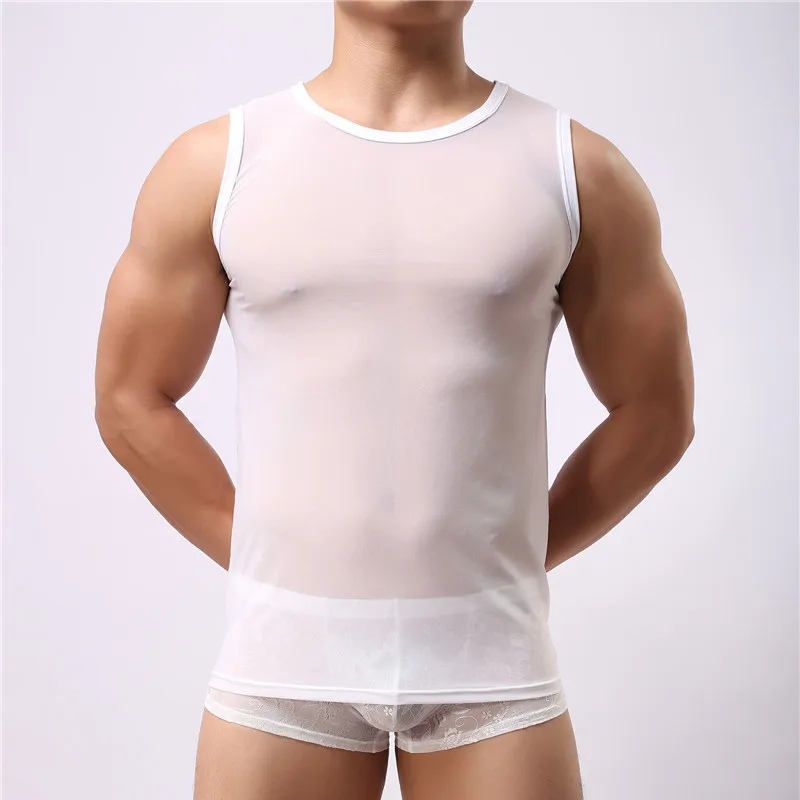 Sexy Mens Undershirts Mesh Transparent T-Shirt Singlets Fitness Sleeveless Tops Tee Sleepwear Underwear Camiseta Shirts
