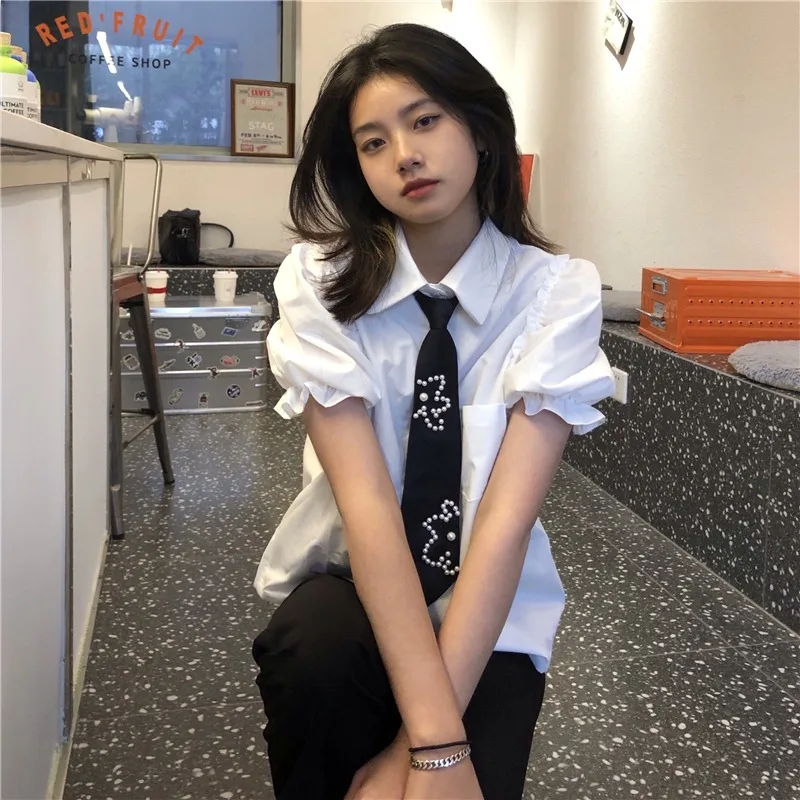 Женская рубашка с коротким рукавом и галстуком летняя свободная универсальная