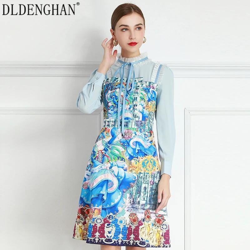 

DLDENGHAN Fashion Cartoon Print Spring Dress Women's Stand Collar Long Sleeve Ruffles High Street Dresses Designer New