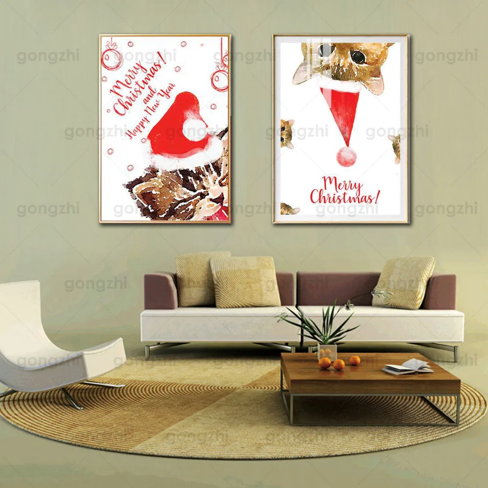 

Cute Christmas Celebration Cat with Christmas Hat Abstract Holiday Theme Frameless Canvas Printing Home Decoration Custom Poster