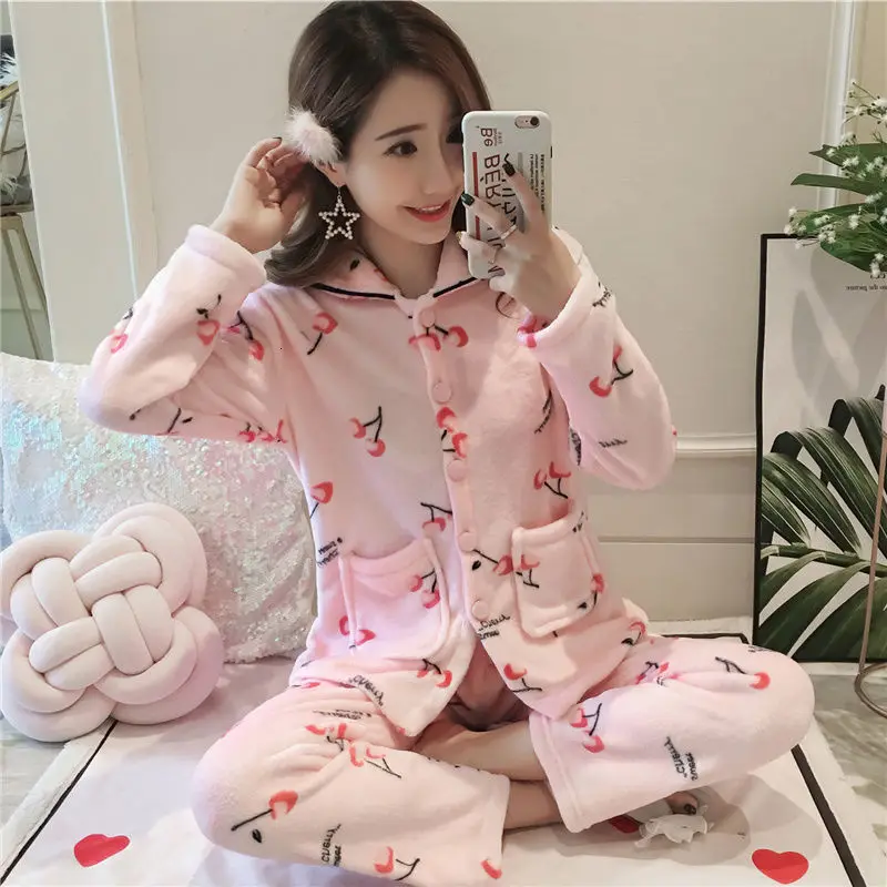 pajamaset M-5XL, зимний пижамный комплект, для женщин, длинный рукав, фланелевый, толстый, коралловый бархат, мультяшная Пижама, длинная Пижама, милые животные, женский домашний костюм - Цвет: pajamaset