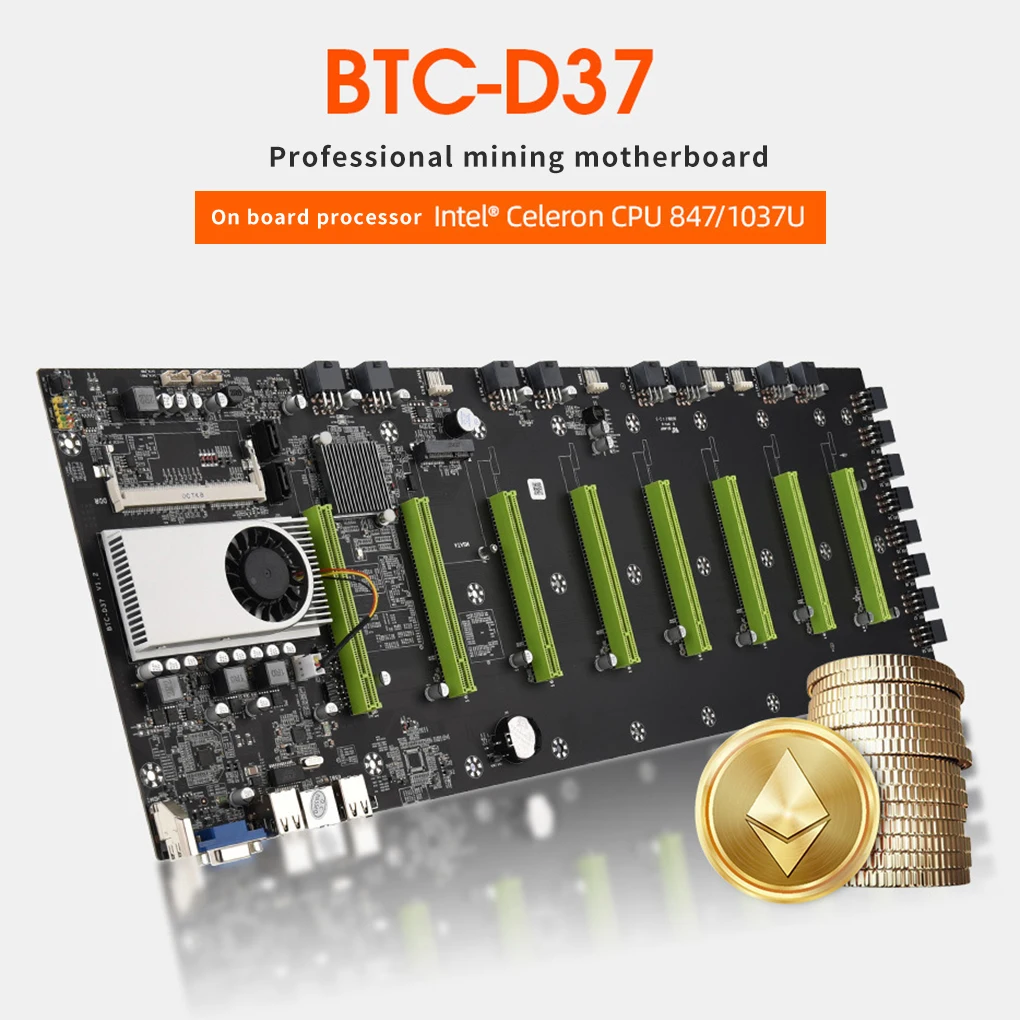 

New BTC-D37 Computer Motherboard 8 PCI-E 16X Slots Mining Motherboard with Integrated CPU DDR3 Memory Support 1066/1333/1600Mhz