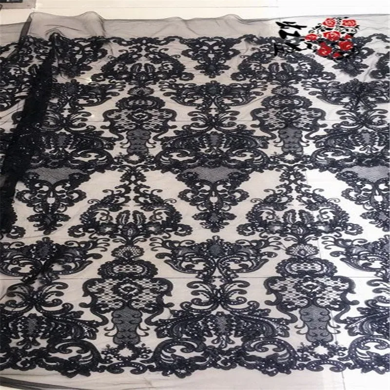 1 ярд Роскошная Alencon кружевная ткань с блестками винтажная вышитая Цветочная