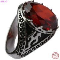 bocai s925 sterling silver mens ring new fashion classic retro totem oval red zircon pure argentum gemstone hand jewelry