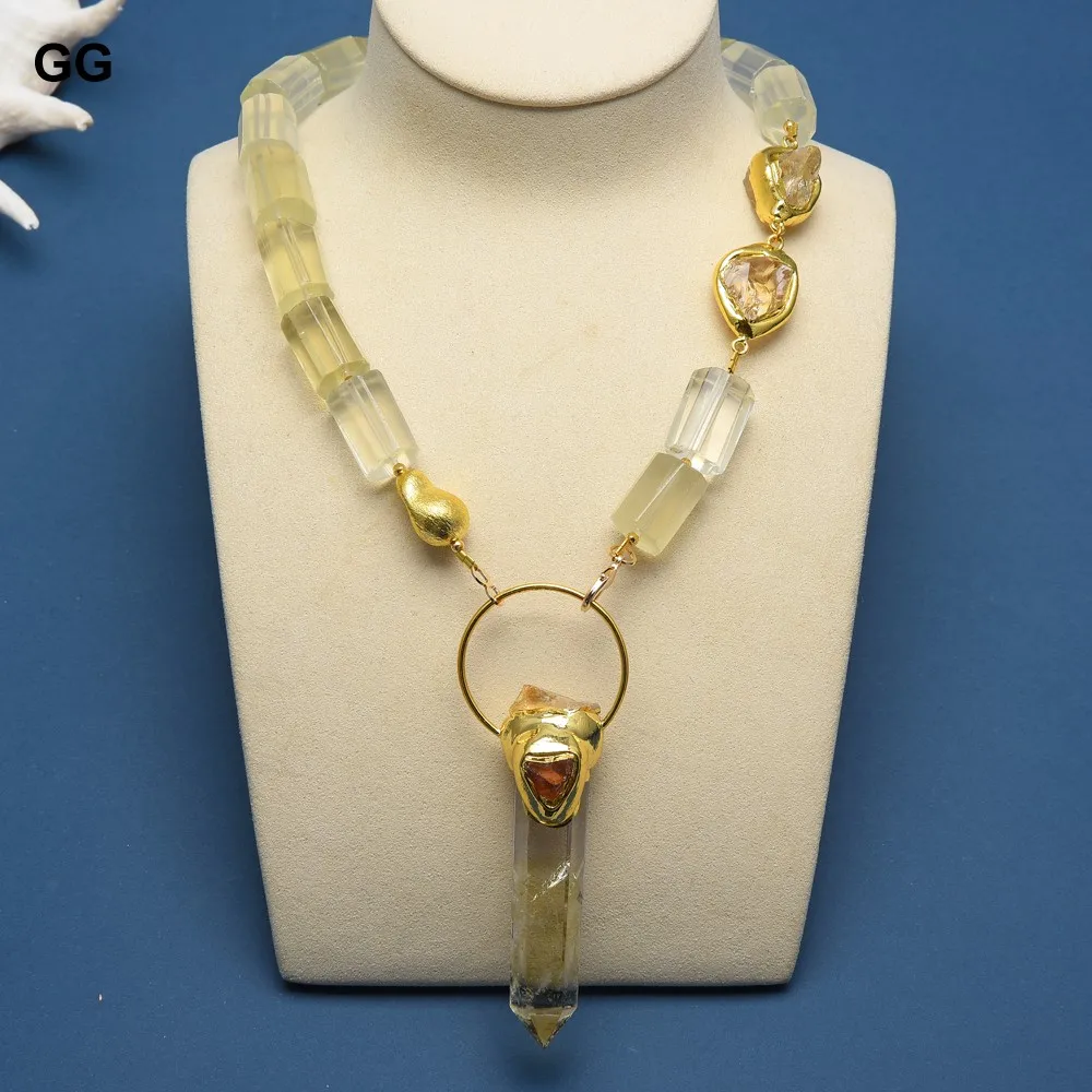 

GuaiGuai Jewelry Natural Faceted Cylinder Lemon Quartzs Gold Color Nugget Beads Citrines Pendant Necklace For Women