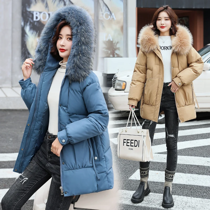 

2022 Mid-length Winter Coat Women Hooded Down Parka Ladies New Warm Winter Jacket Women Loose Big Fur Collar Jacket Coat