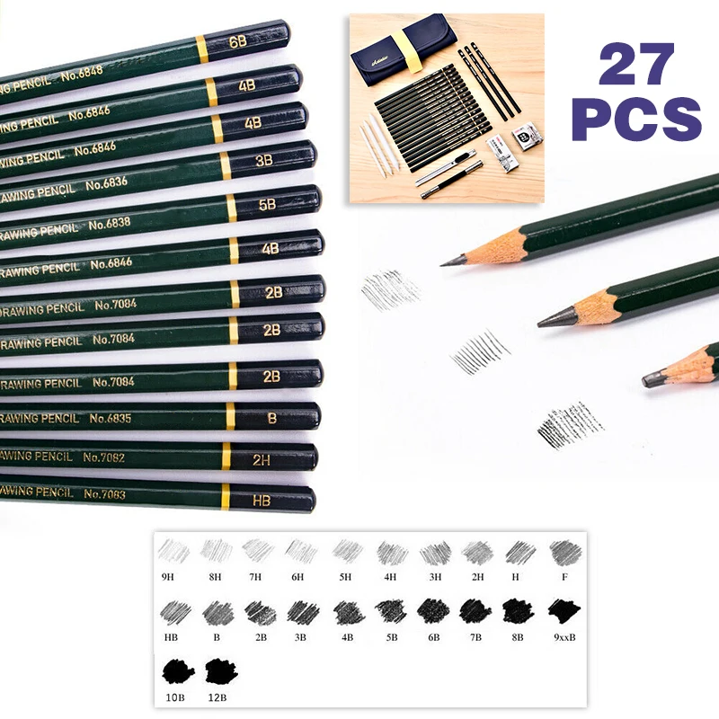 27 in 1 Sketch and Drawing Printing Pencil Set Sketching Art Kit Tool Charcoal Pencils Kneaded Eraser for Kids | Канцтовары для