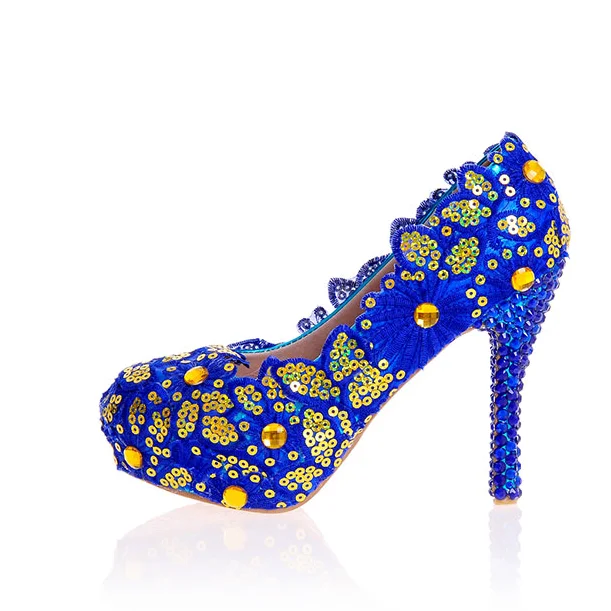 

New High quality Large Size bride platform lace flowers Blue Diamond Heel wedding shoes