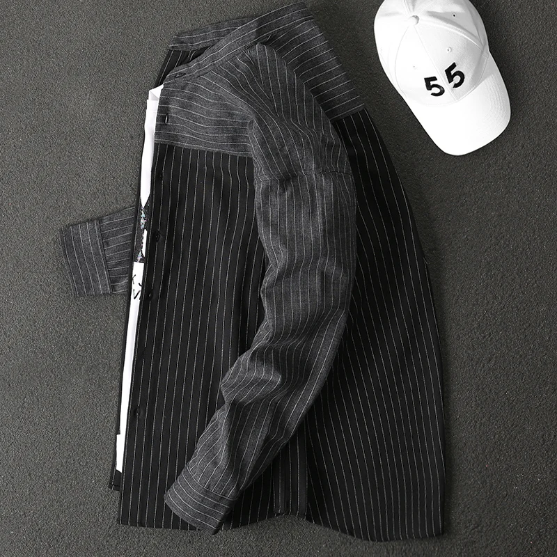 

Handsome New in Spring and Autumn Korean Style Fashionable Stitching Contrast Color Striped Shirt Men's Long Sleeve Sun