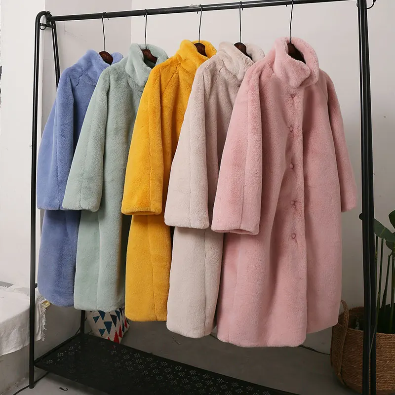 Шуба из искусственного кроличьего меха 2021 зимняя куртка длинное пальто норки