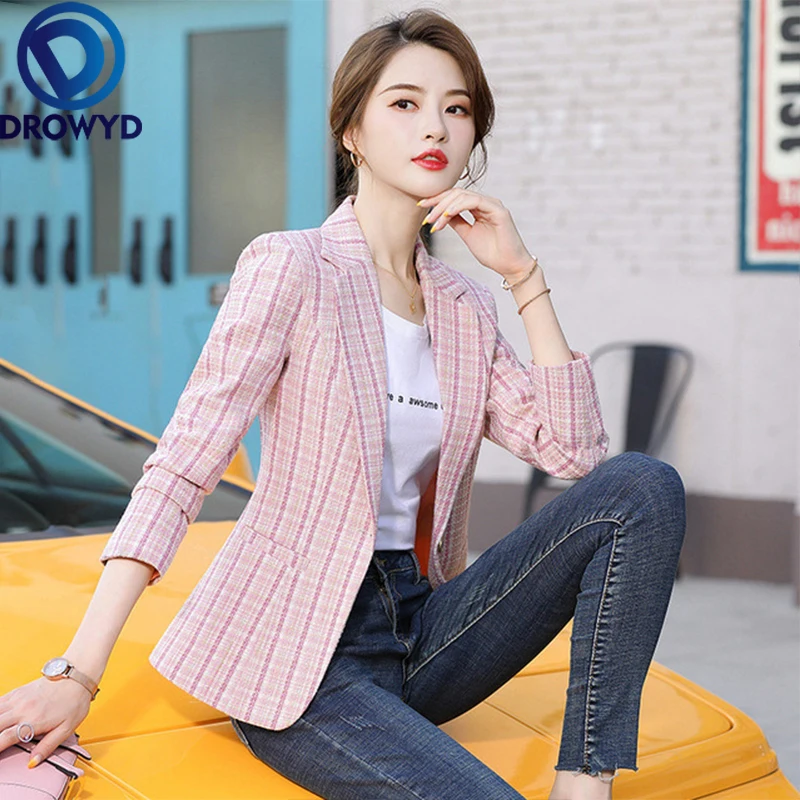 

Модный серый клетчатый Блейзер, повседневное женское приталенное пальто, Женский офисный костюм, OL стиль, свободный блейзер с длинным рукав...