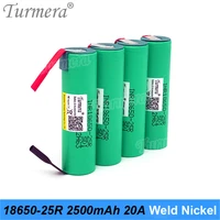 turmera new 25r 18650 2500mah battery 20a with welding nickel for 12v 14 4v 18v 21v 25v electric drill screwdriver batteries use