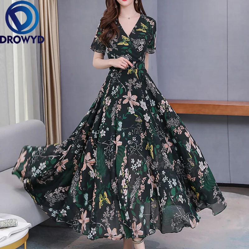 

Summer Maxi Dress Fashion Women Green Print Sexy V-neck Thin Chiffon Floral BohoTropical Party Elegant Runway Dresses Vestidos