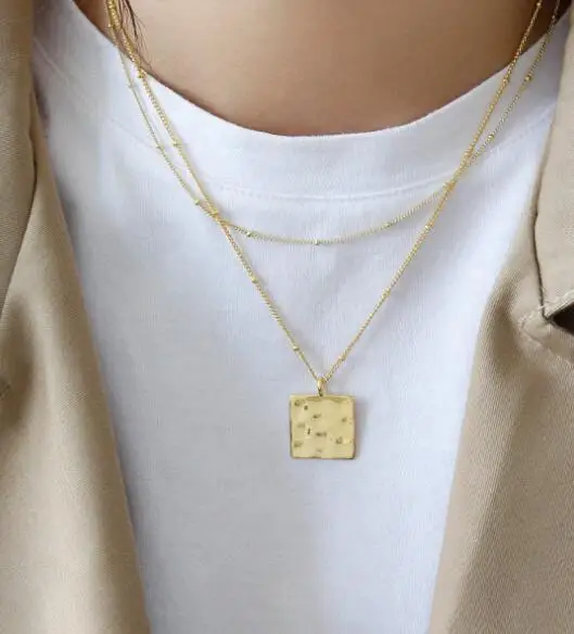GOLD SHANICE 925 пробы Серебряное длинное ожерелье с подвеской INS вогнутая поверхность Геометрическая квадратная бирка хорошее ювелирное изделие подарок на год для женщин - Окраска металла: GOLD