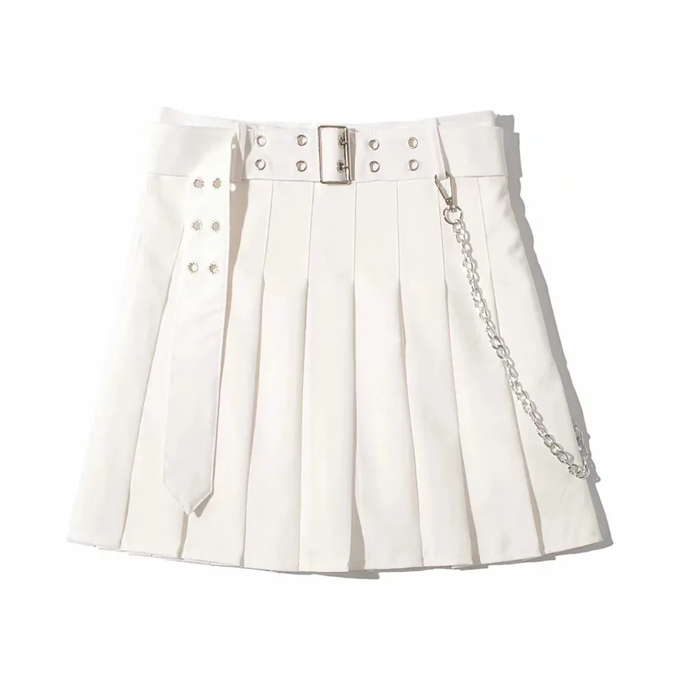 

Skirts Women 2021 Fashion Fresh and Beautiful High Waist with Belt plus Metal Chain Lined A- line Pleated Skirt
