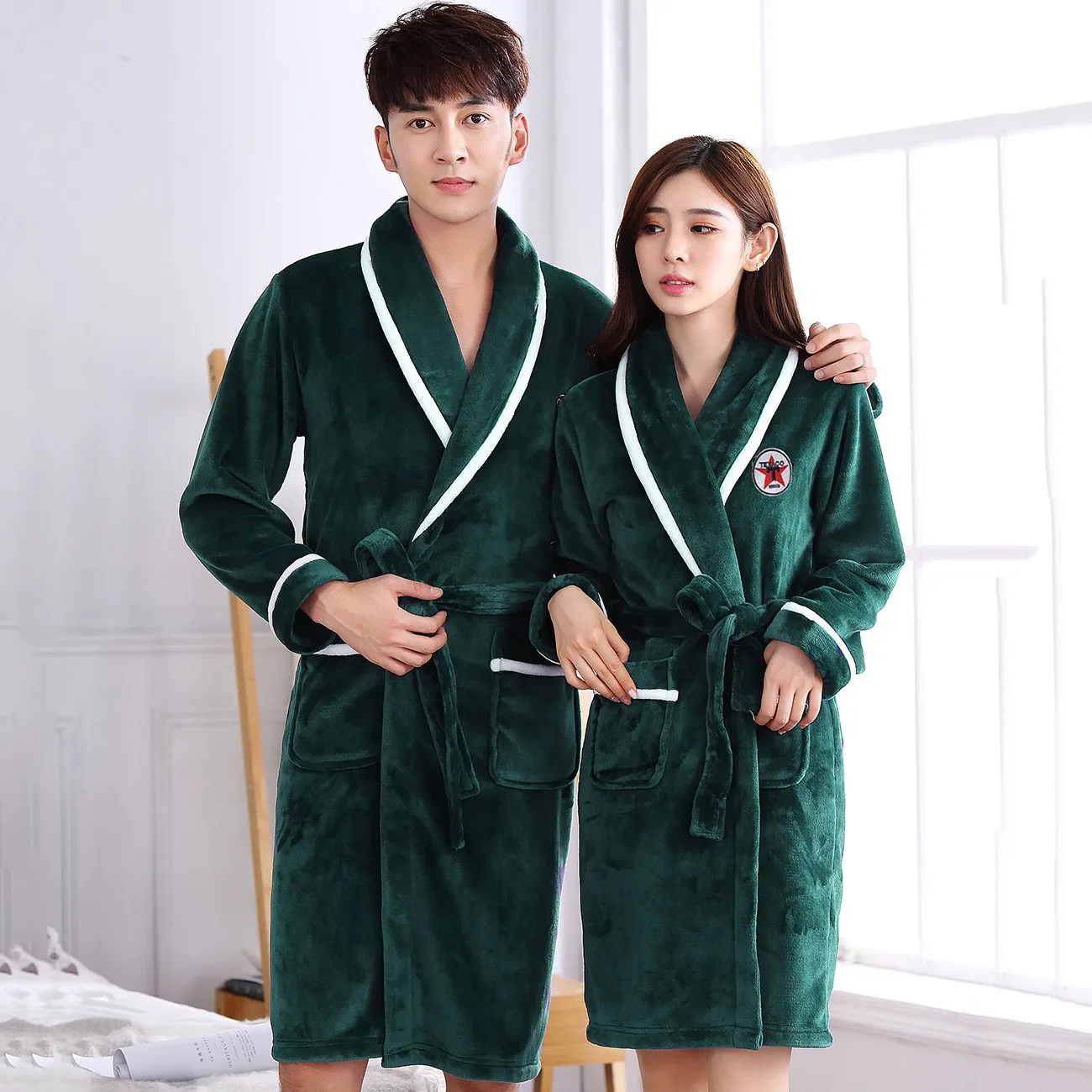 

Sexy Flannel Kimono Bathrobe Gown Lovers Robe Sleepwear Loose Casual Nightgown V-neck Home Dressing Coral Fleece Nightwear