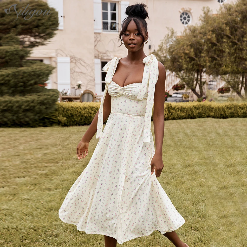 

Ailigou Summer New Floral Print Split Long Dress Bow Sleeveless Backless Sexy Party Dress Elegant Lady Beach Vacation Costume