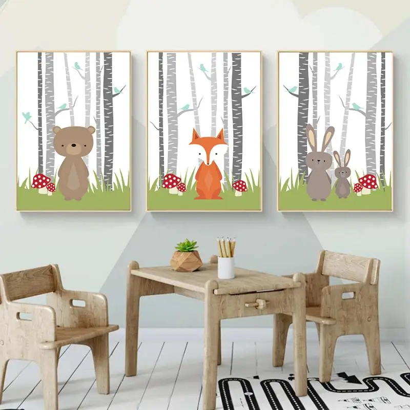 

Nordic Cartoon Forest Animals Canvas Posters For Kids Baby Nursery Wall Art Decoration Paintings Modern Cute Fox Rabbit Poster