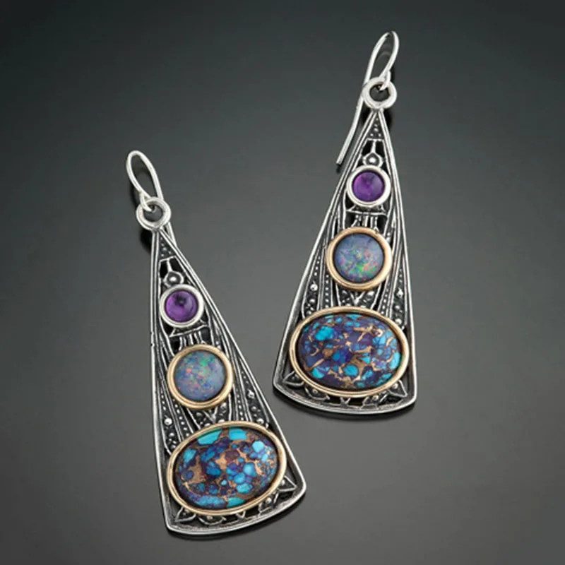 Buy Tribal Triangle Purple Beads Opal Stone Earrings Gypsy Jewelry Two Tone Metal Natural Water Drop Dangle on
