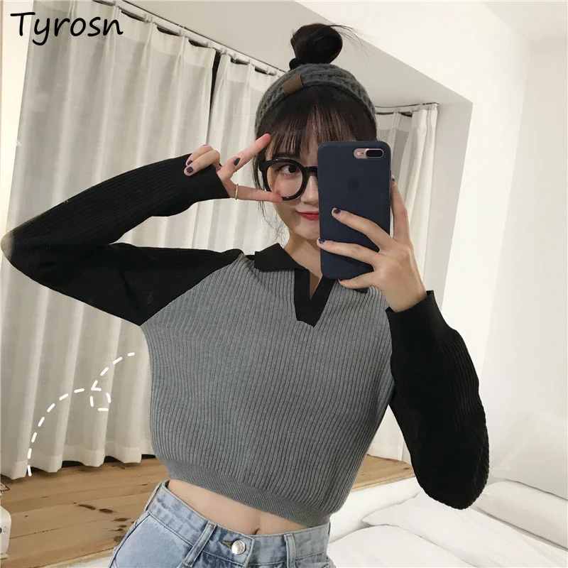 

Женские укороченные пуловеры, облегающие корейские модные милые подходящие ко всему шикарные уличные милые студенческие Лоскутные пулове...