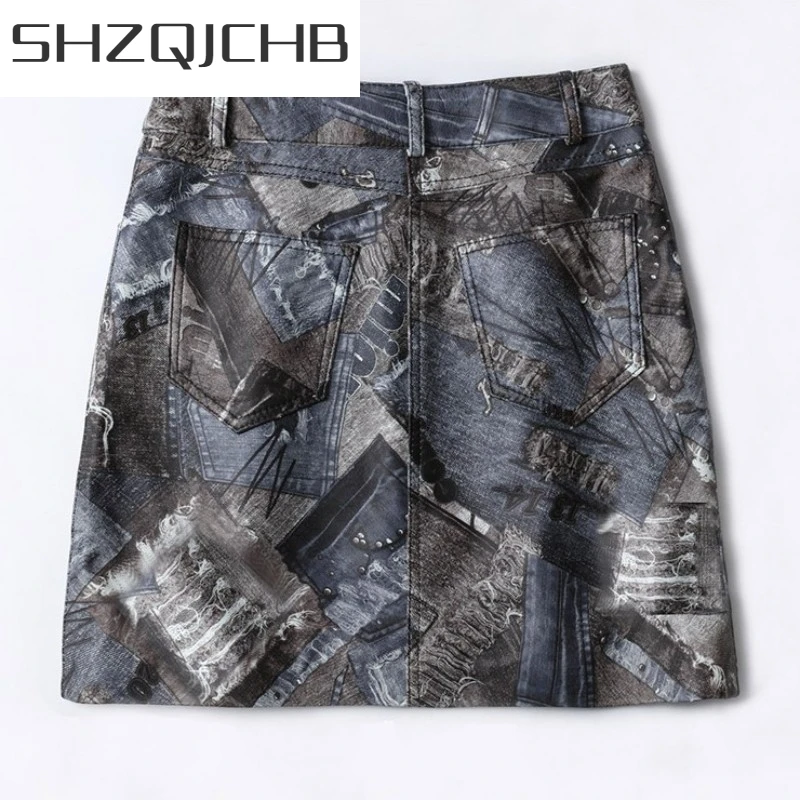 

JCHB 2021 Designer Anti-Wrinkle Sheepskin Skirt Women Autumn Print A-Line Short Leather Skirts Female High Waist Pencil Skirt T