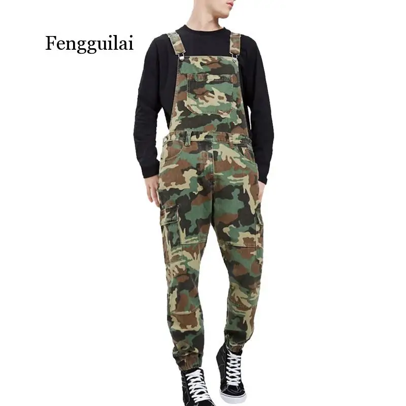 

Men One Shoulder Fashion Jeans Jumpsuit Casual Camouflage Print Jeans Jumpsuits Overalls Military Tracksuit Camo Suspender Pant