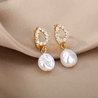 zircon pearl earrings for women stainless steel zircon water droplet steel ring drop earring wedding party jewelry bijoux femme