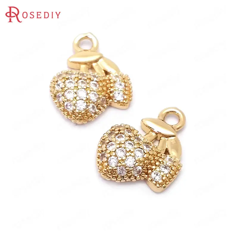 

(39114)6PCS 13x9MM 24K Gold Color Brass and Zircon Strawberry Charms Pendants Jewelry Making Supplies Diy Findings Accessories