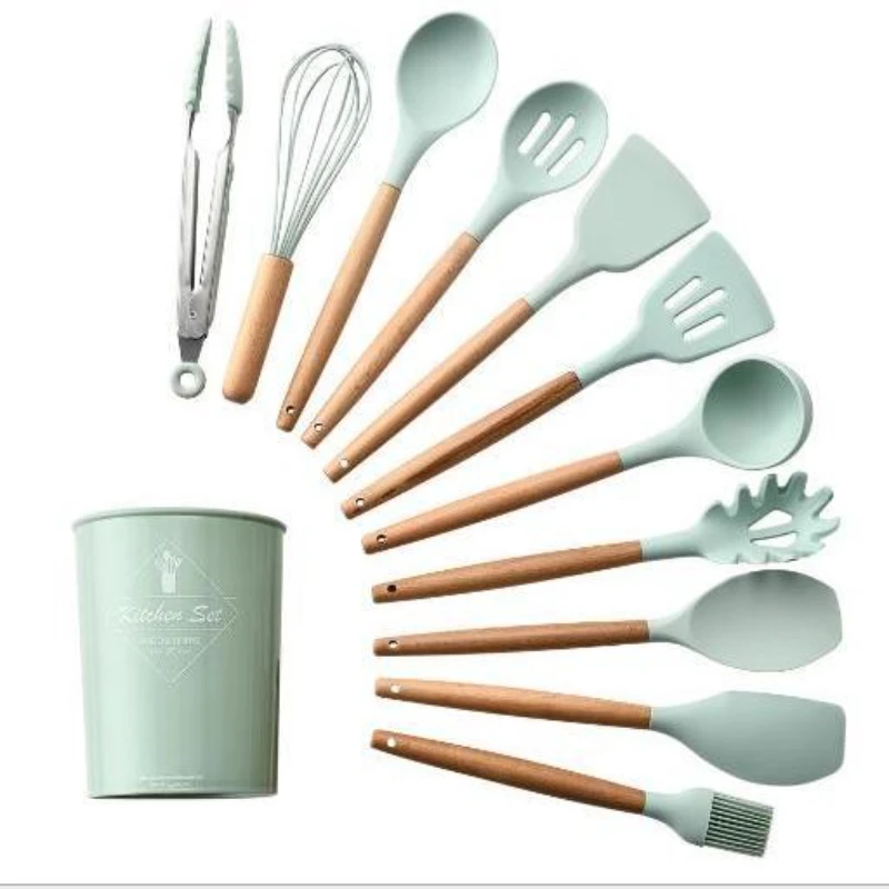

11pcs Kitchen silicone wooden handle non-stick spatula kitchenware set plus storage bucket set cooking tools kitchen gadgets