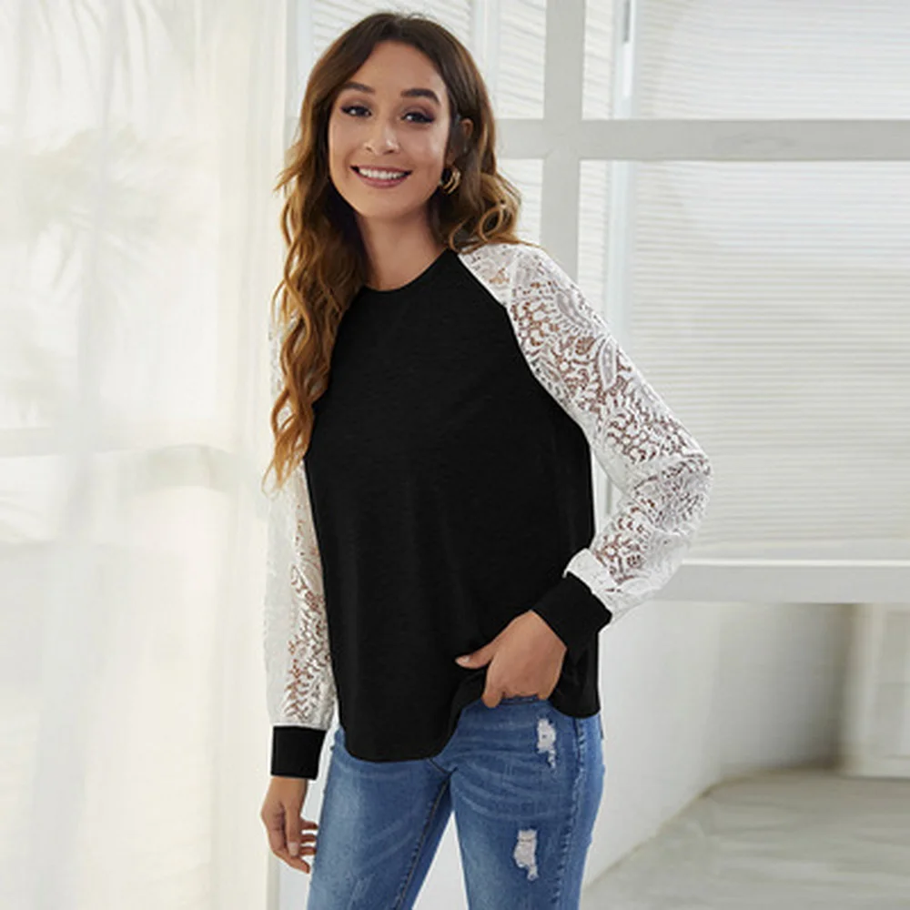 

Lace stitching knitted casual long-sleeved T-shirt pullover fashion autumn winter women's clothing 2021 Za sheine store official