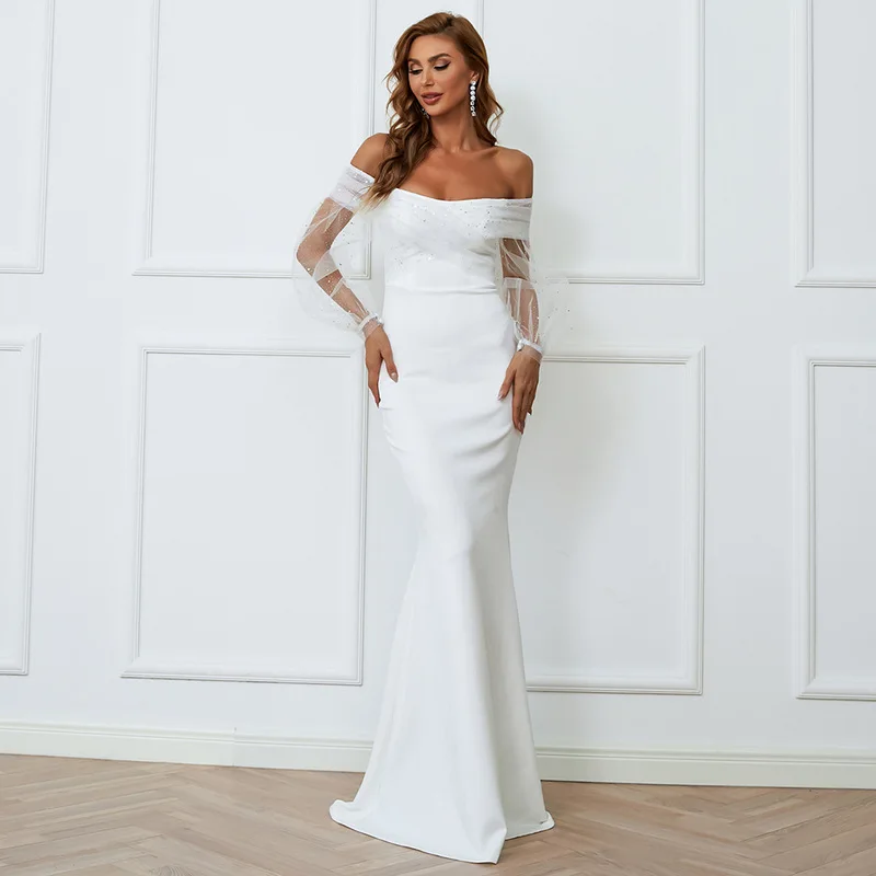 

Off Shoulder White Long Voile Dress Slit Maxi Floor Length Celebrate Party Occassion Event Club Evening Gowns for Women Fashion
