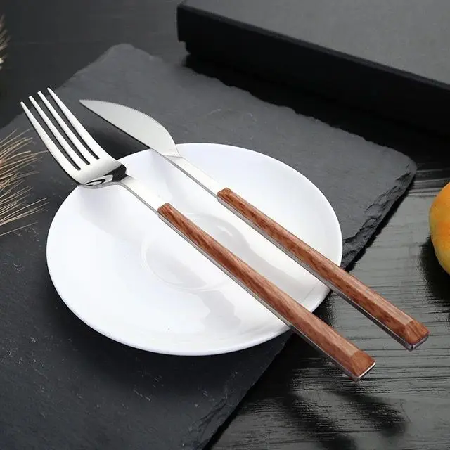 

Luxe Westerse Servies Set 430 Rvs Houten Handvat Steak Tafel Mes Vork Lepel Dessert Vork Zilveren Bestek Sets Keuken Gadgets