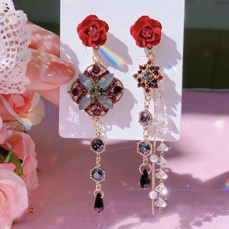 

MENGJIQIAO Korean Luxury Red Flower Crystal Drop Earrings For Women Elegant Pearl Tassel Long Pendientes Party Jewelry Gifts