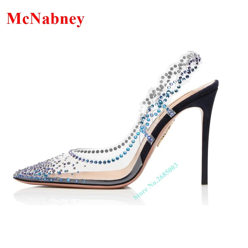 

Crystal Pointy Toe Slingback Sandals Pumps Thin High Heel Slip On Ankel Strap Pumps Clear Sandals Women Party Shoe Summer Party
