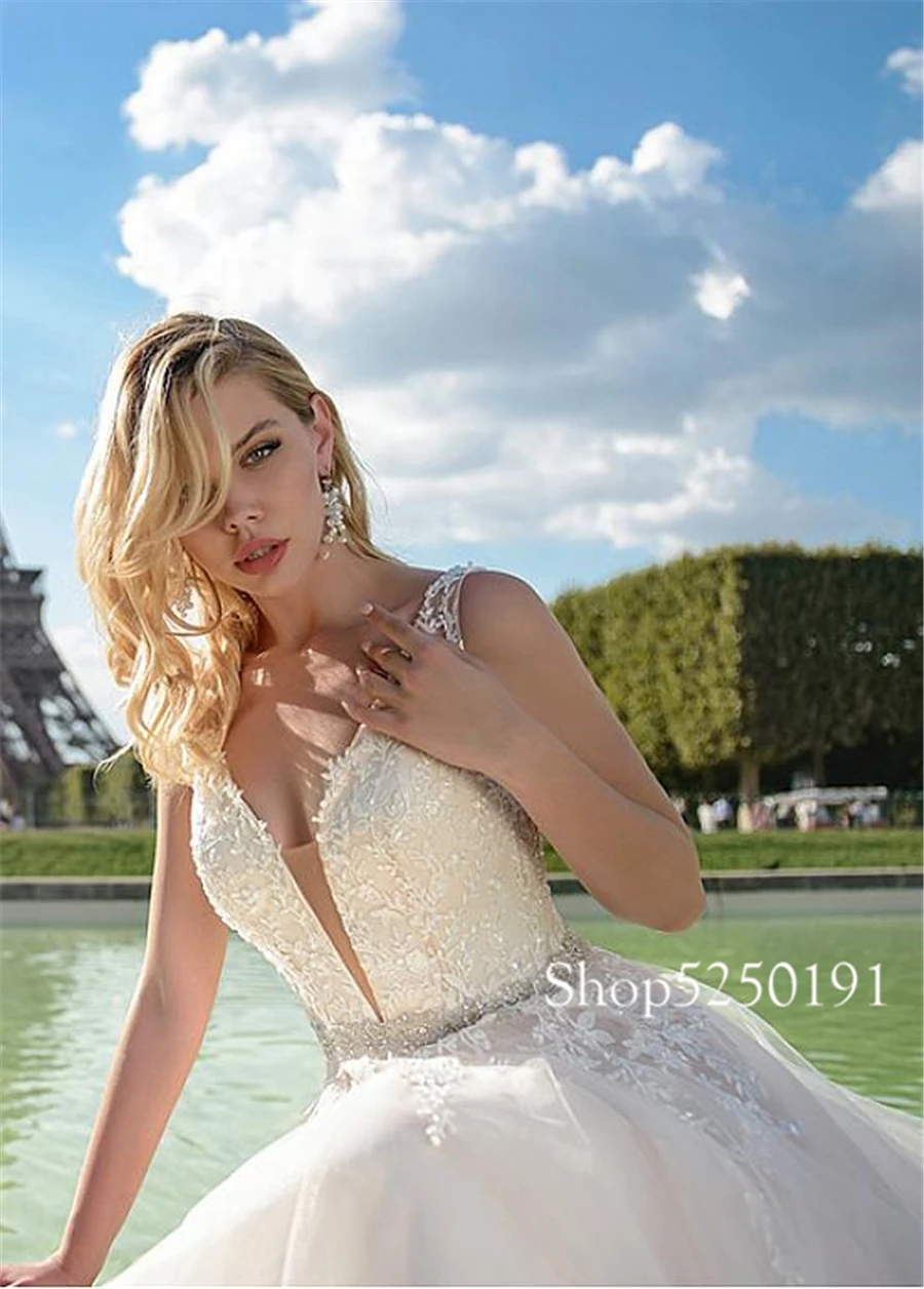 Gorgeous Tulle V-neck Neckline A-line Wedding Dresses Beading Sash Blush Bridal Gowns noivas vestidos de noiva | Свадьбы и торжества