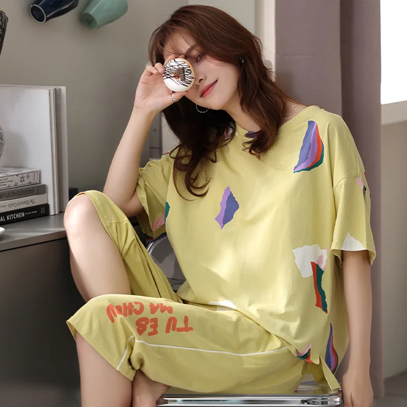 

Women's Casual Print 2PCS Pajama Sets M-3XL Summer New 3/4 Sleeve Top&Calf-Length Pant Sleepwear Autumn Modal Loose Homewear