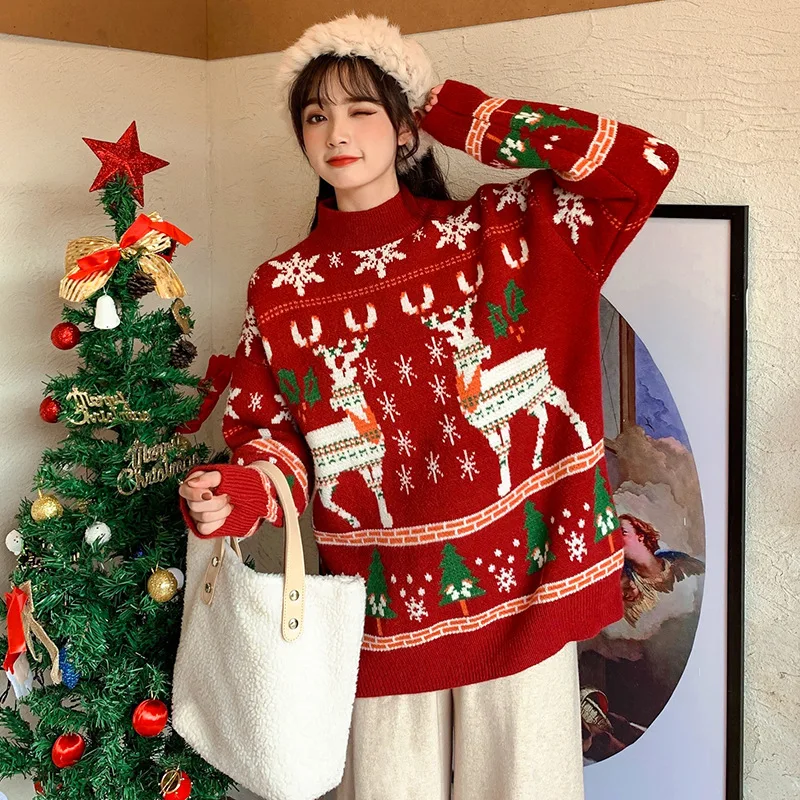 

Christmas Mid-length Plus Oversized Sweater Women Christmas Deer Warm Knitted Long Sleeve Sweater Lazy Style Loose Elk Sweater