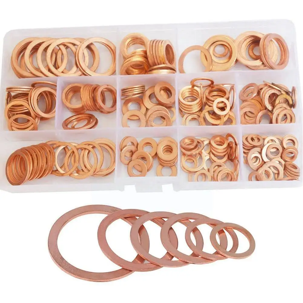 

200Pcs Copper Washer Gasket Nut and Bolt Set Flat Ring Box With Kit M5/M6/M8/M10/M12/M14 Plugs Water For Sump Seal Assortme T6P7