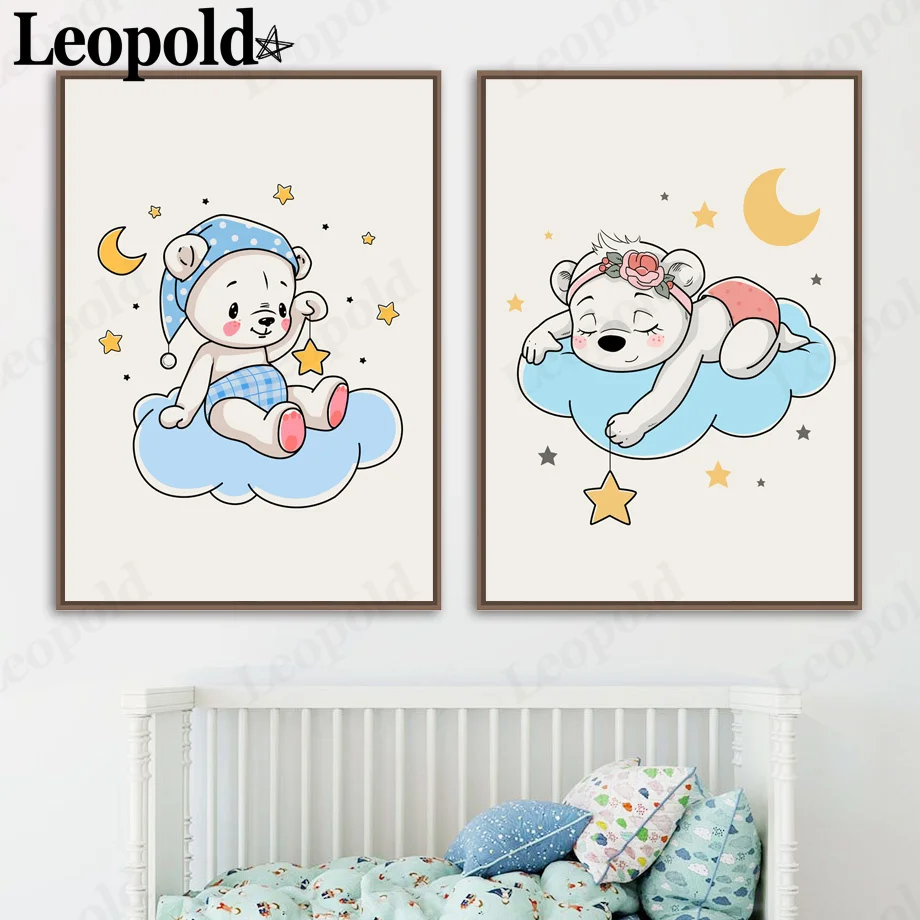 

Nordic Cartoon Animal Canvas Poster Blue Bear Cloud Moon Starry Sky Picture Print Nursery Wall Art Kids Room Decoration